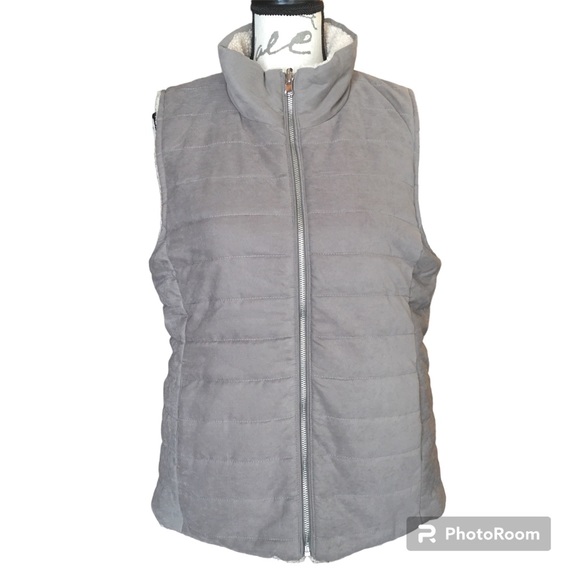 Entro Reversible Shearling Puffer Vest Mocha Gray Size Large EUC - Picture 2 of 12